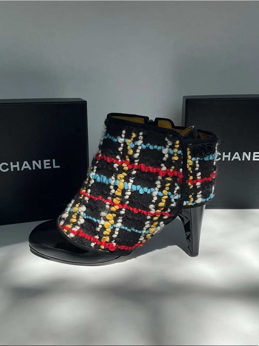 CHANEL Black Patent Leather Ankle Boots with Multicolor Tweed Shaft